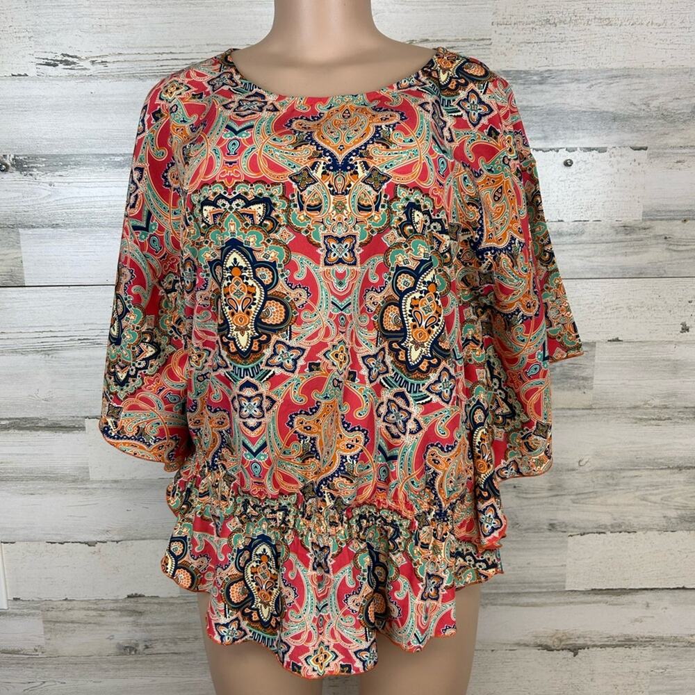 Angie Boho Paisley Smocked Waist Kimono Sleeve Top Blouse Multicolor Size Medium